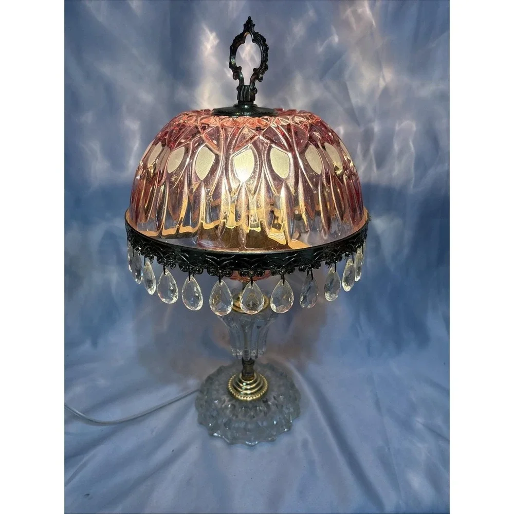 Vintage Michelotti Iridescent Cranberry Pink Glass Boudoir Table Lamp
